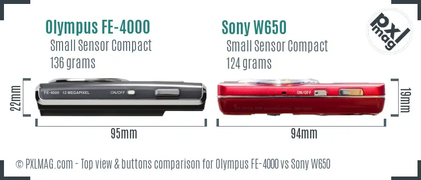 Olympus FE-4000 vs Sony W650 top view buttons comparison