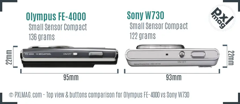 Olympus FE-4000 vs Sony W730 top view buttons comparison