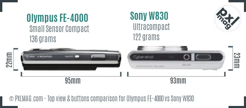 Olympus FE-4000 vs Sony W830 top view buttons comparison