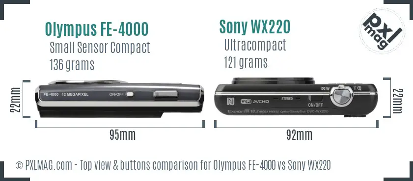 Olympus FE-4000 vs Sony WX220 top view buttons comparison