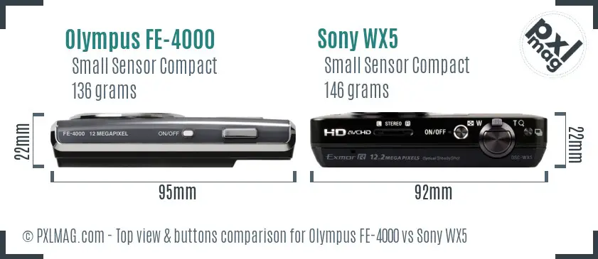 Olympus FE-4000 vs Sony WX5 top view buttons comparison