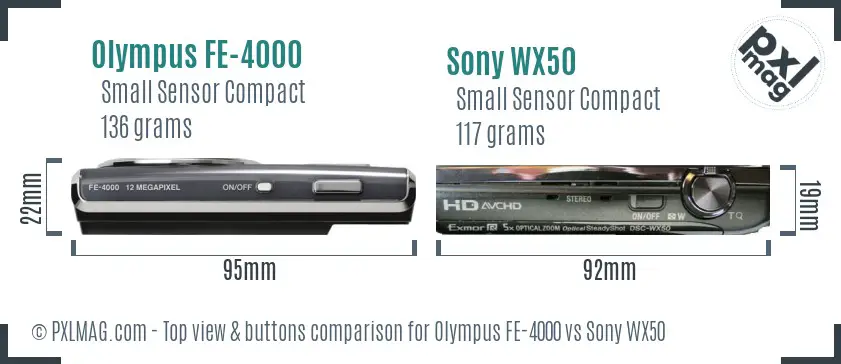 Olympus FE-4000 vs Sony WX50 top view buttons comparison Olympus FE-4000 vs Sony WX50 top view buttons comparison