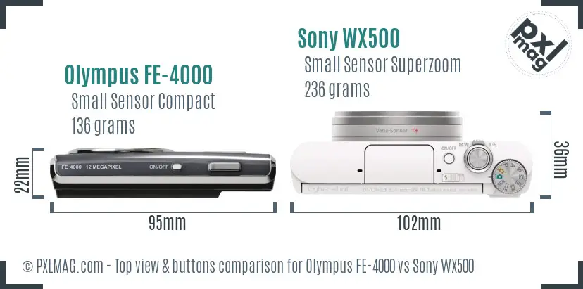 Olympus FE-4000 vs Sony WX500 top view buttons comparison