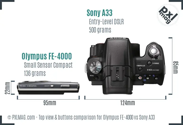 Olympus FE-4000 vs Sony A33 top view buttons comparison