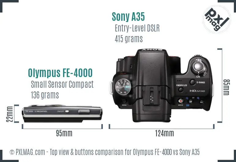 Olympus FE-4000 vs Sony A35 top view buttons comparison