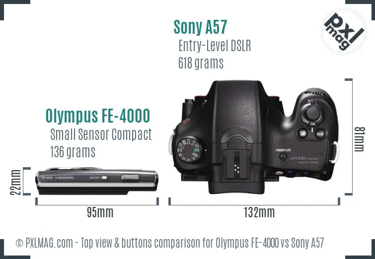 Olympus FE-4000 vs Sony A57 top view buttons comparison