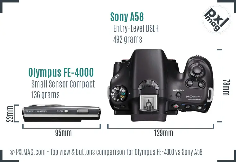 Olympus FE-4000 vs Sony A58 top view buttons comparison