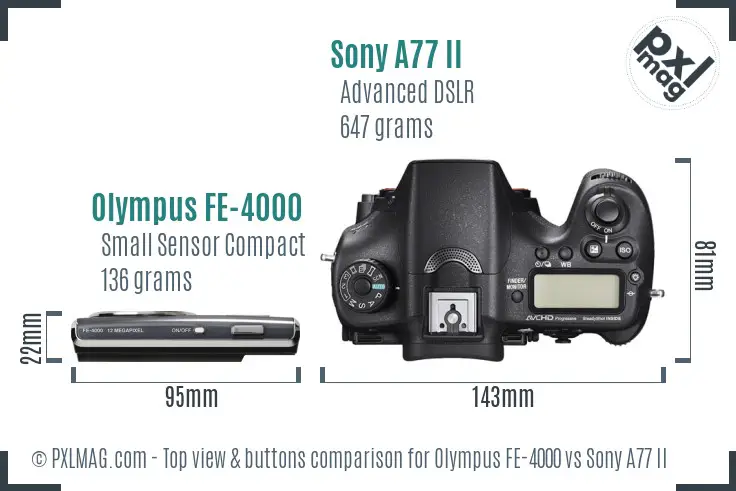 Olympus FE-4000 vs Sony A77 II top view buttons comparison