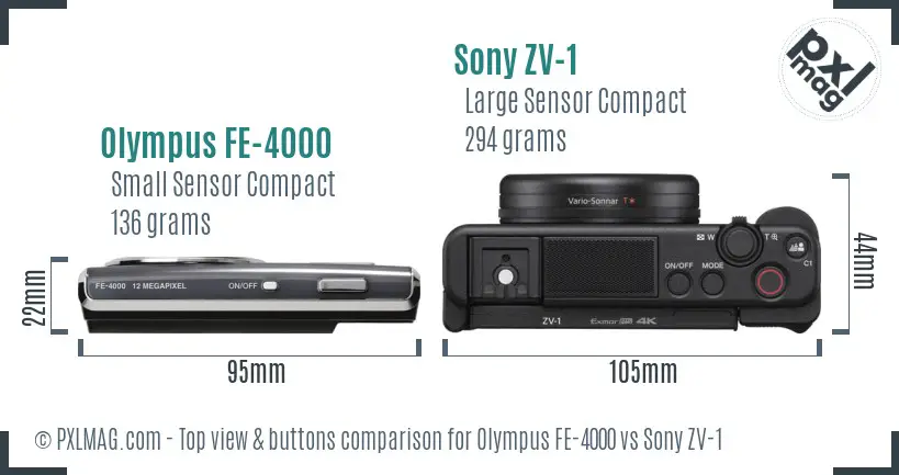 Olympus FE-4000 vs Sony ZV-1 top view buttons comparison