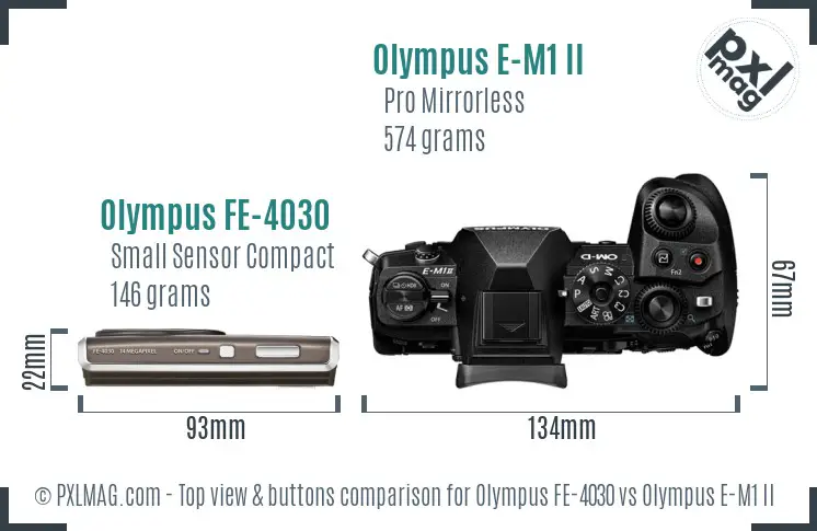 Olympus FE-4030 vs Olympus E-M1 II top view buttons comparison