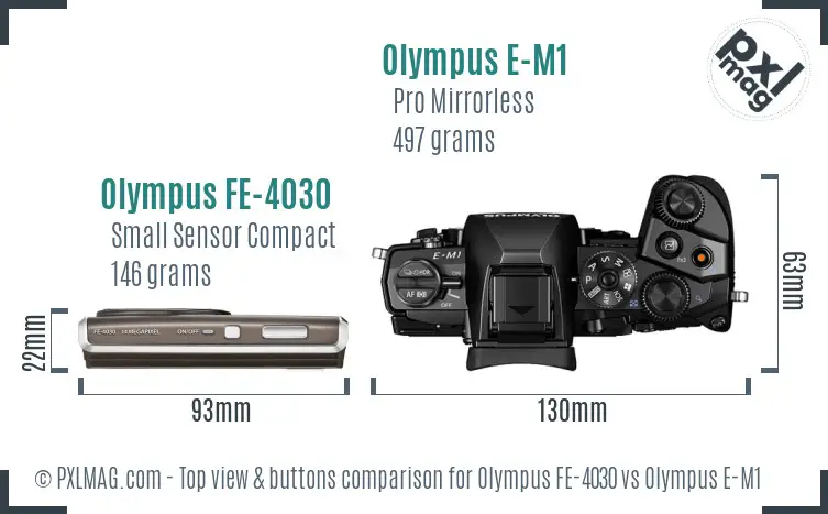 Olympus FE-4030 vs Olympus E-M1 top view buttons comparison