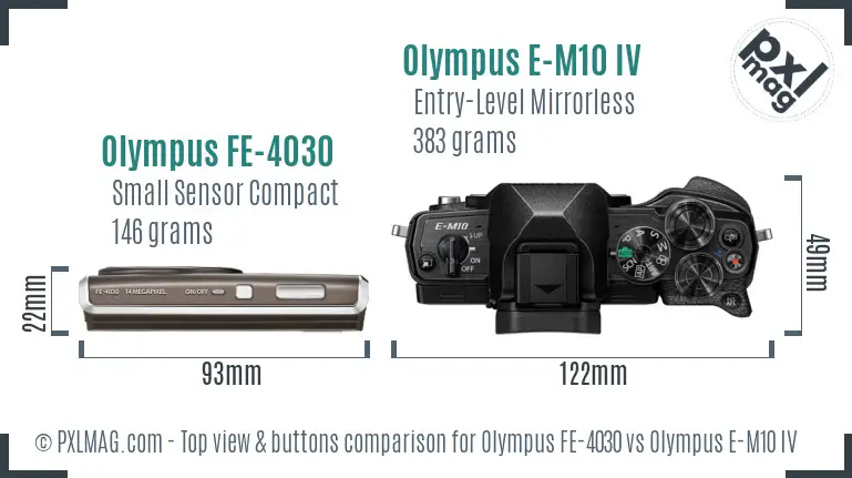 Olympus FE-4030 vs Olympus E-M10 IV top view buttons comparison
