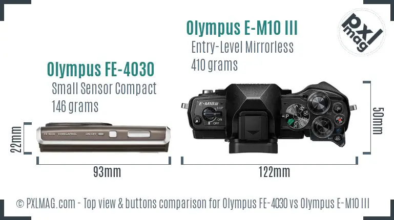 Olympus FE-4030 vs Olympus E-M10 III top view buttons comparison