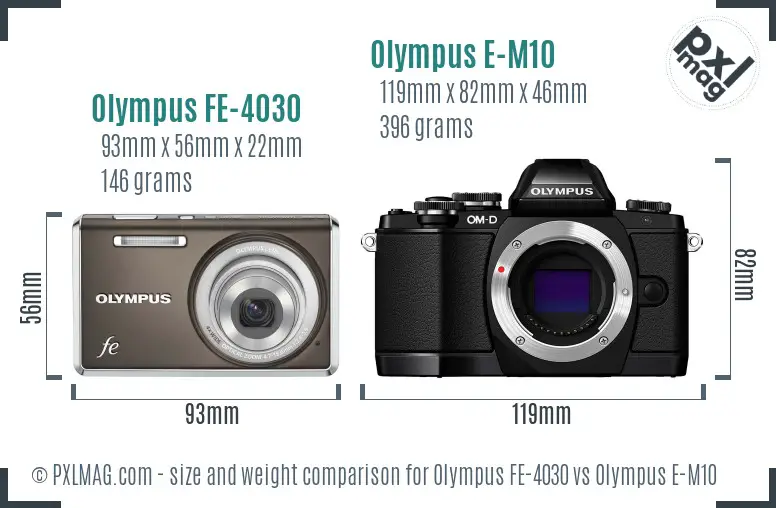 Olympus FE-4030 vs Olympus E-M10 size comparison