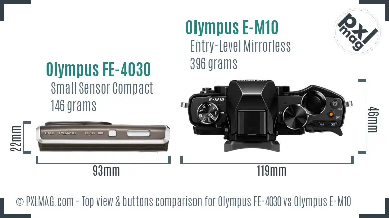 Olympus FE-4030 vs Olympus E-M10 top view buttons comparison