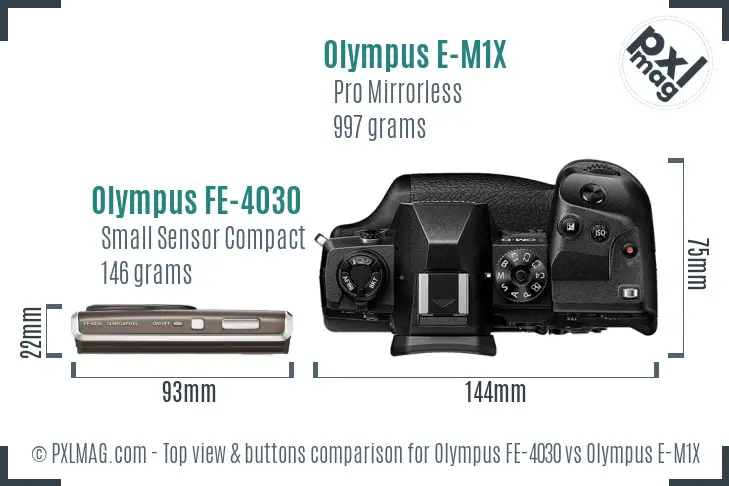 Olympus FE-4030 vs Olympus E-M1X top view buttons comparison