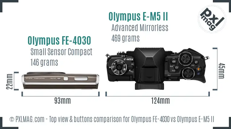Olympus FE-4030 vs Olympus E-M5 II top view buttons comparison