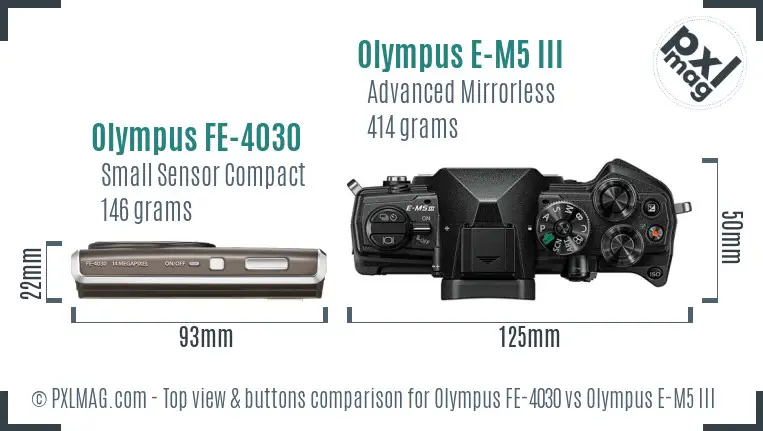 Olympus FE-4030 vs Olympus E-M5 III top view buttons comparison