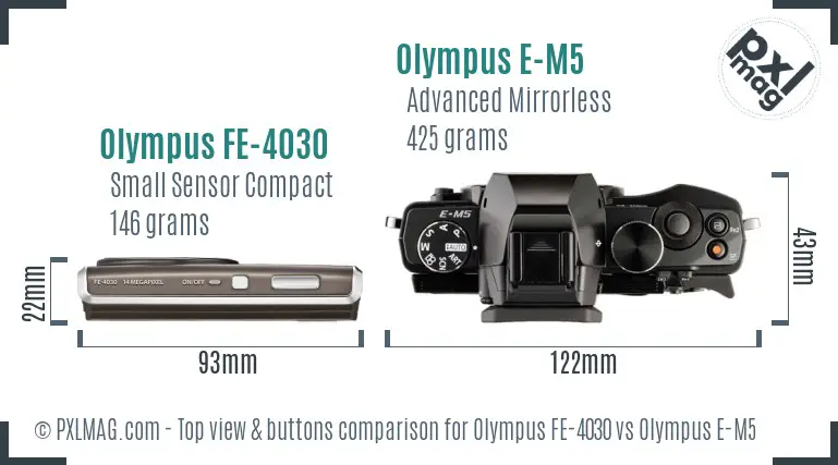 Olympus FE-4030 vs Olympus E-M5 top view buttons comparison