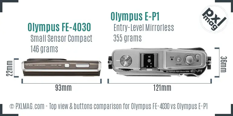 Olympus FE-4030 vs Olympus E-P1 top view buttons comparison