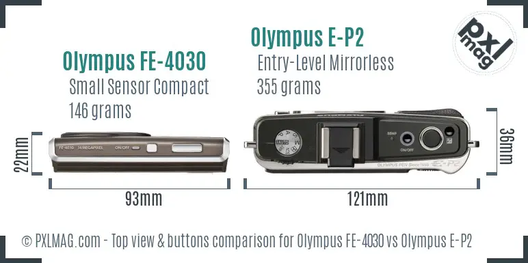 Olympus FE-4030 vs Olympus E-P2 top view buttons comparison