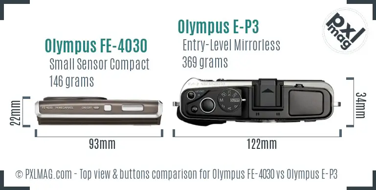 Olympus FE-4030 vs Olympus E-P3 top view buttons comparison