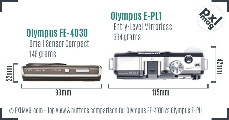 Olympus FE-4030 vs Olympus E-PL1 top view buttons comparison