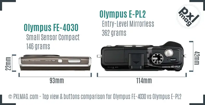 Olympus FE-4030 vs Olympus E-PL2 top view buttons comparison