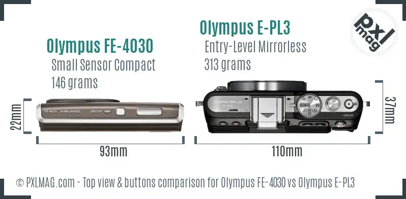 Olympus FE-4030 vs Olympus E-PL3 top view buttons comparison