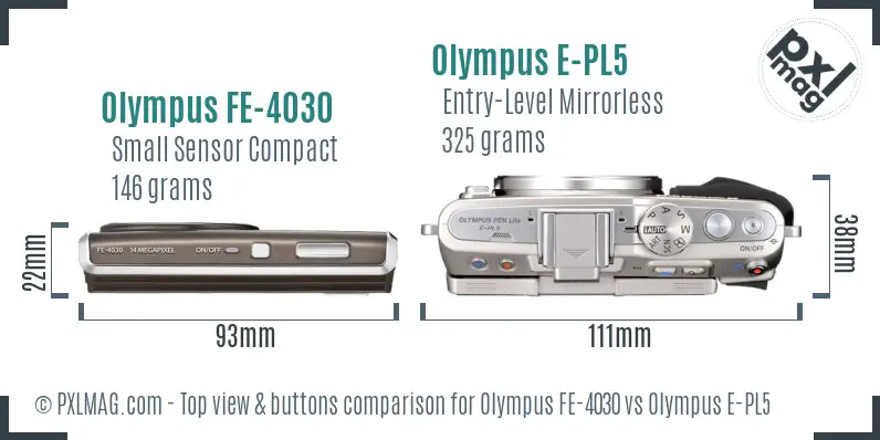 Olympus FE-4030 vs Olympus E-PL5 top view buttons comparison