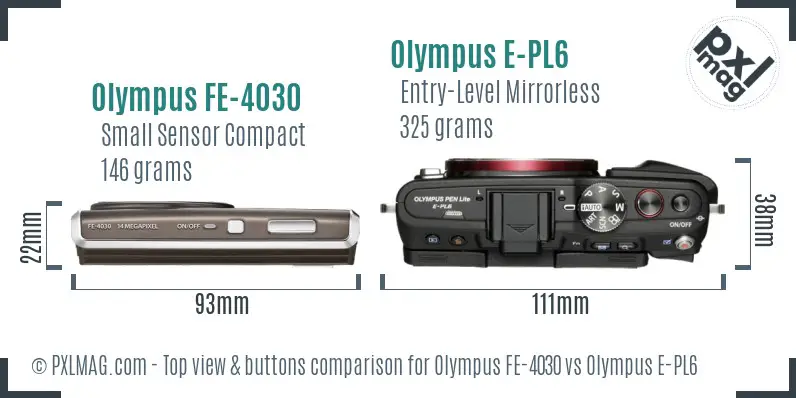 Olympus FE-4030 vs Olympus E-PL6 top view buttons comparison