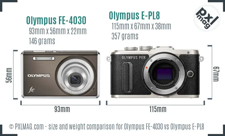 Olympus FE-4030 vs Olympus E-PL8 size comparison