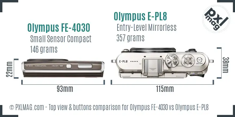 Olympus FE-4030 vs Olympus E-PL8 top view buttons comparison