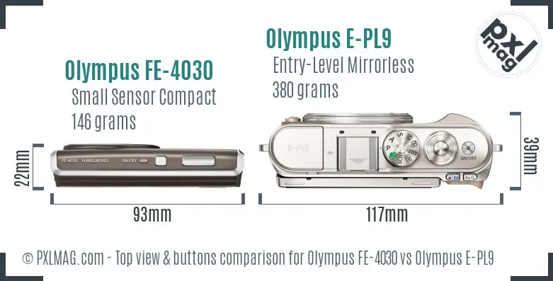 Olympus FE-4030 vs Olympus E-PL9 top view buttons comparison