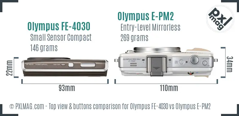 Olympus FE-4030 vs Olympus E-PM2 top view buttons comparison