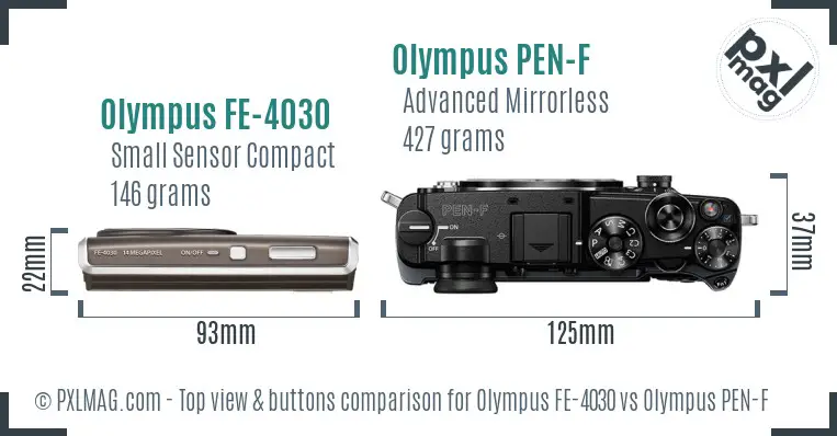 Olympus FE-4030 vs Olympus PEN-F top view buttons comparison