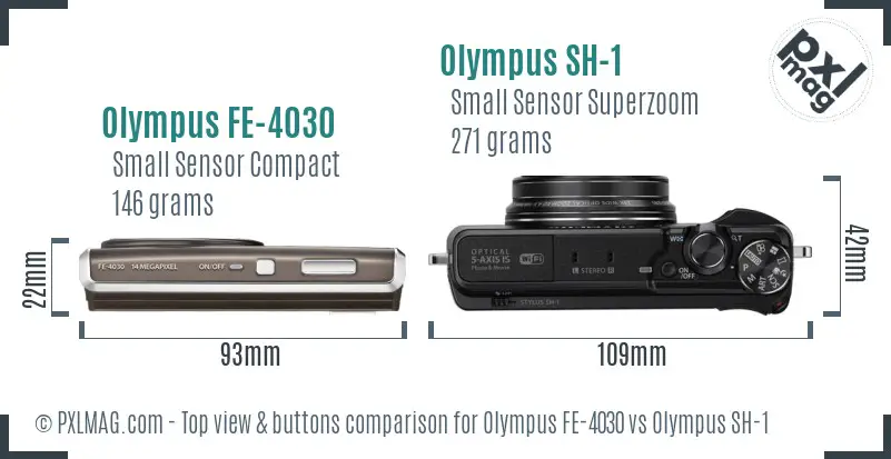 Olympus FE-4030 vs Olympus SH-1 top view buttons comparison
