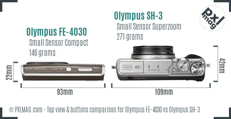 Olympus FE-4030 vs Olympus SH-3 top view buttons comparison