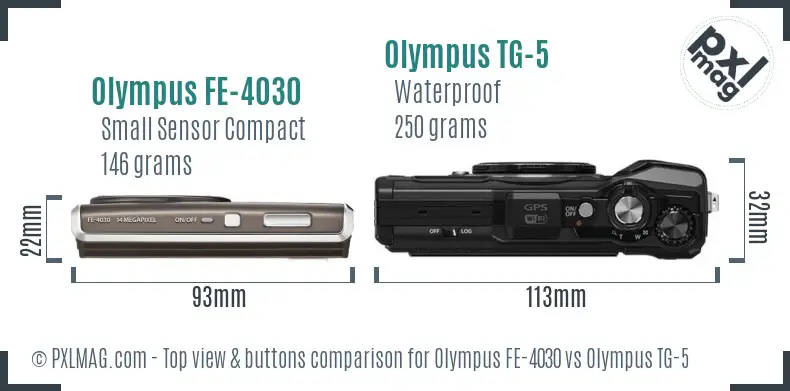Olympus FE-4030 vs Olympus TG-5 top view buttons comparison