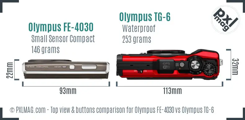 Olympus FE-4030 vs Olympus TG-6 top view buttons comparison
