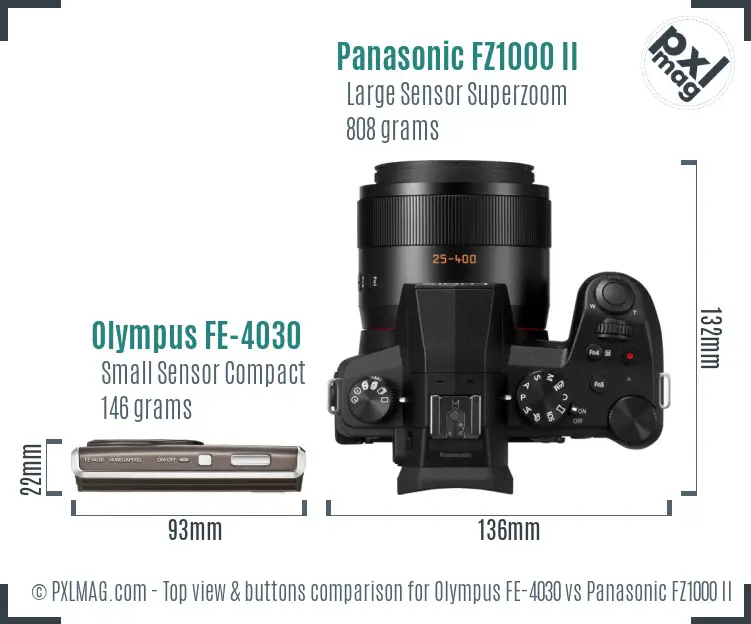 Olympus FE-4030 vs Panasonic FZ1000 II top view buttons comparison