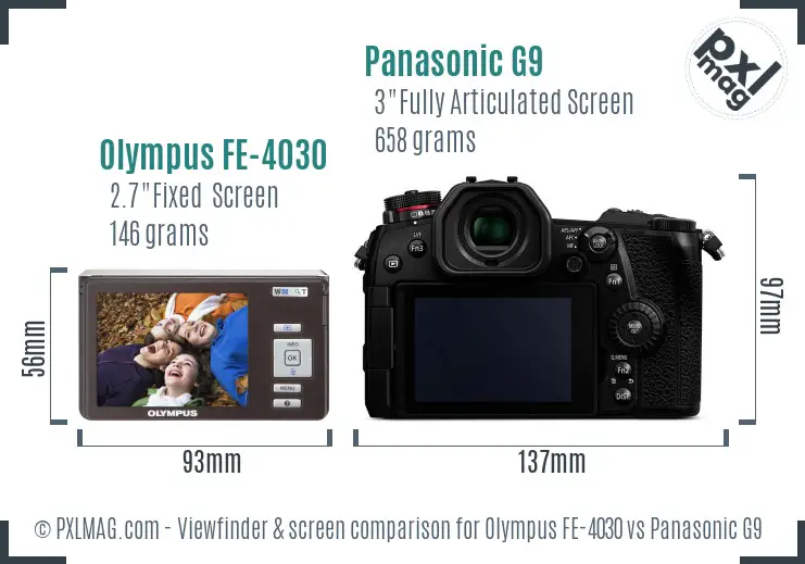 Olympus FE-4030 vs Panasonic G9 Screen and Viewfinder comparison