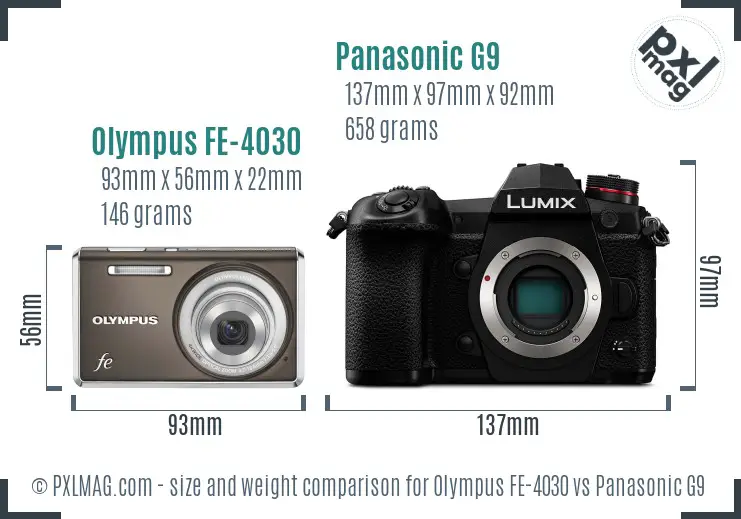 Olympus FE-4030 vs Panasonic G9 size comparison
