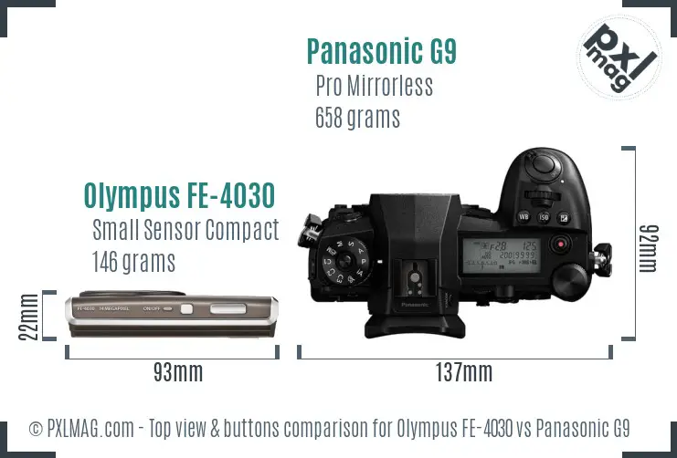 Olympus FE-4030 vs Panasonic G9 top view buttons comparison