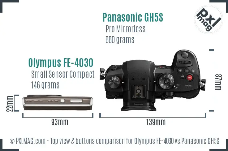 Olympus FE-4030 vs Panasonic GH5S top view buttons comparison