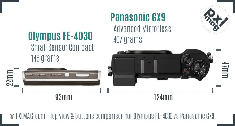 Olympus FE-4030 vs Panasonic GX9 top view buttons comparison