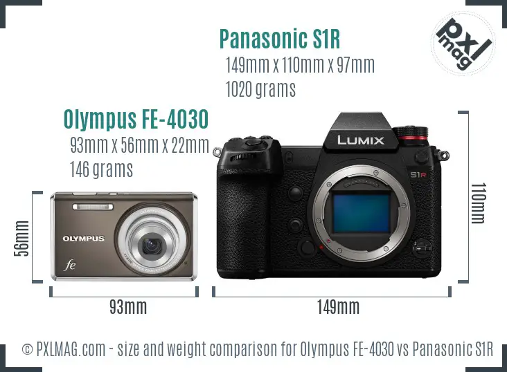 Olympus FE-4030 vs Panasonic S1R size comparison