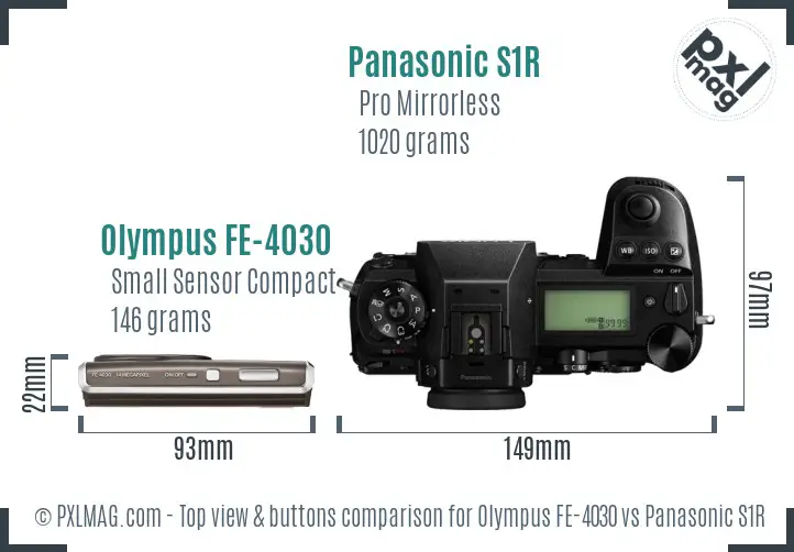 Olympus FE-4030 vs Panasonic S1R top view buttons comparison