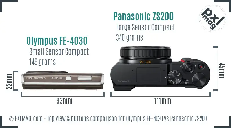 Olympus FE-4030 vs Panasonic ZS200 top view buttons comparison