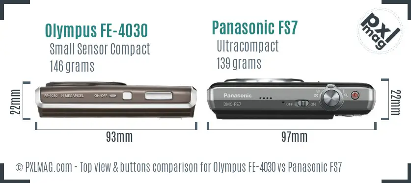 Olympus FE-4030 vs Panasonic FS7 top view buttons comparison